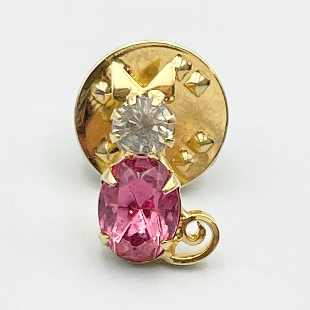 Vintage 1980s Gold Tone Pink Rhinestoneβ Cat Lapel Pin Kitten Brooch 5/8"